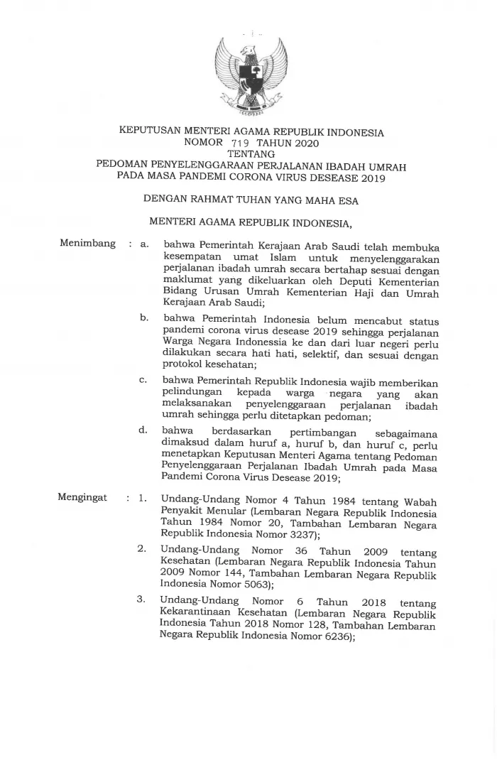 Keputusan Menteri Agama Republik Indonesia Nomor 719 Tahun 2020