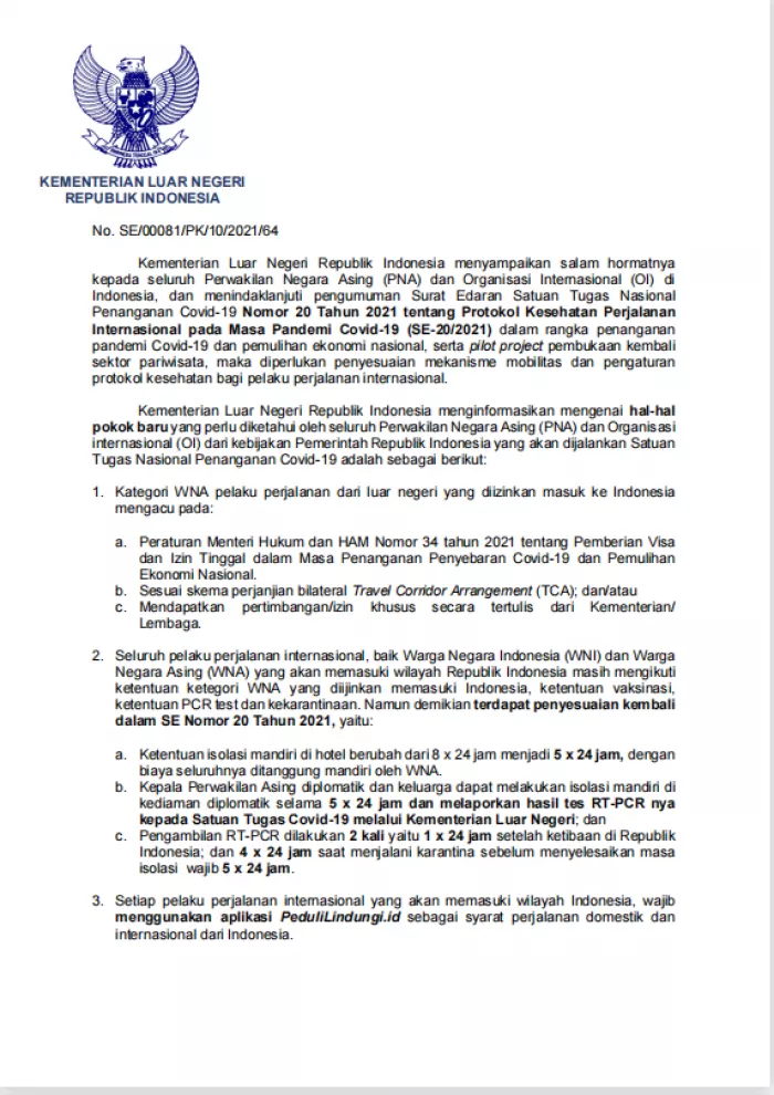 Regulation Update on International Travel Entry to Indonesia (Oct 15, 2021)
