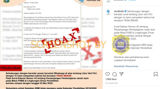 Salah Surat Libur Pembelajaran Jarak Jauh Hari Idul Fitri Tanggal 18 Mei S D 1 Juni 2020 Dki Jakarta Hoax Buster Satgas Penanganan Covid 19
