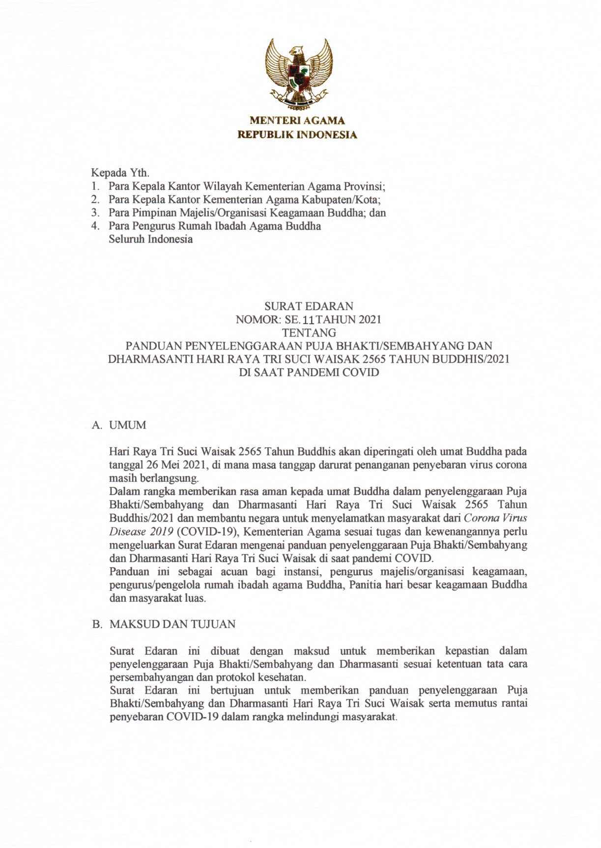Surat Edaran Menteri Agama Nomor SE 11 Tahun 2021  Regulasi  Covid19