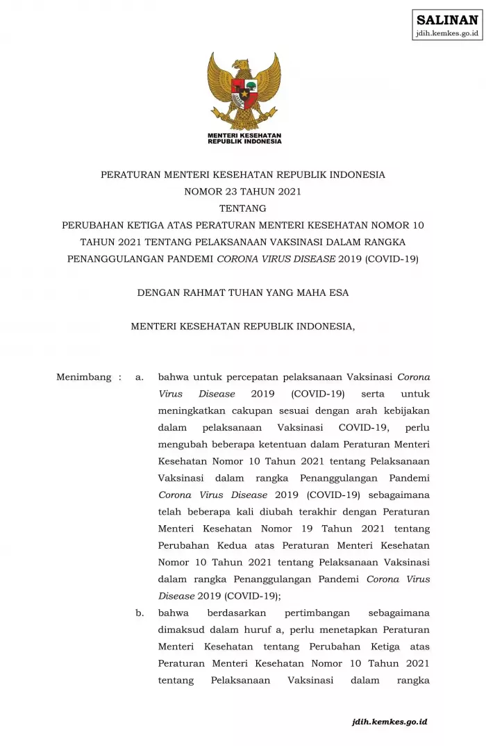 Peraturan Menteri Kesehatan Republik Indonesia Nomor 23 Tahun 2021