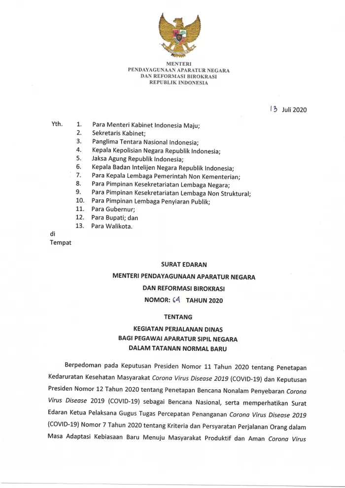 Surat Edaran Menteri Pendayagunaan Aparatur Negara dan Reformasi Birokrasi Nomor: 64 tahun 2020