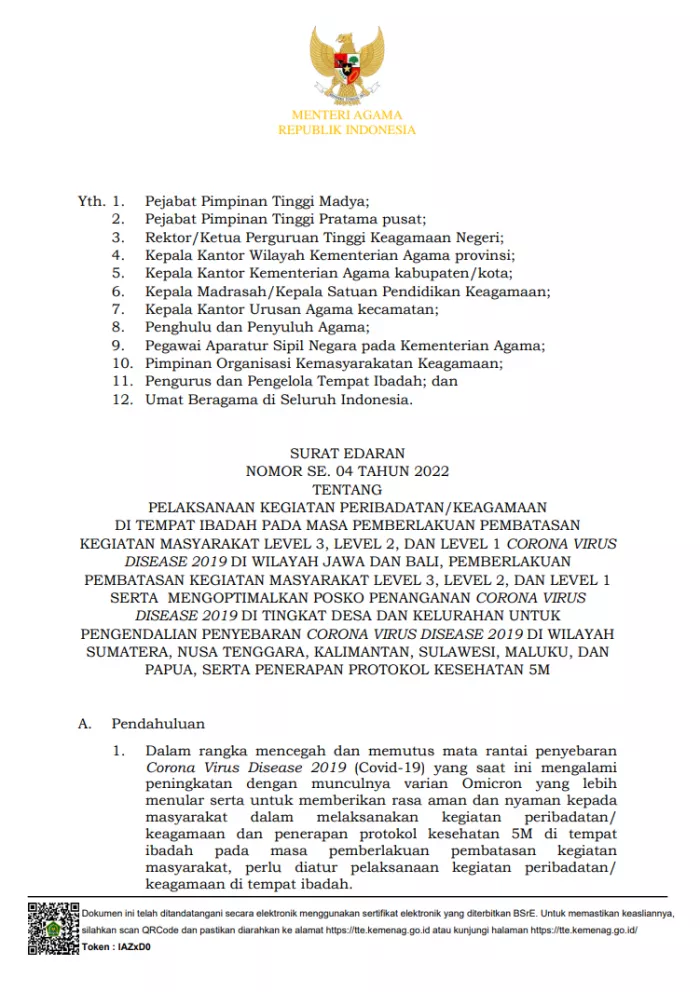 Surat Edaran Menteri Agama Nomor SE. 04 Tahun 2022