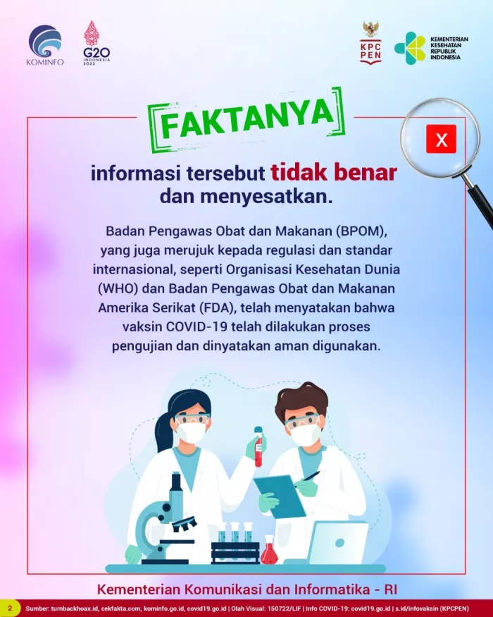 Awas Hoaks: Vaksin COVID-19 Belum Dilakukan Proses Pengujian dan Masyarakat Indonesia adalah Kelinci Percobaan Vaksin